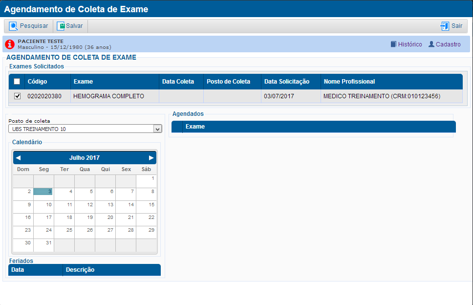 Agendamento de Coleta de Exames
